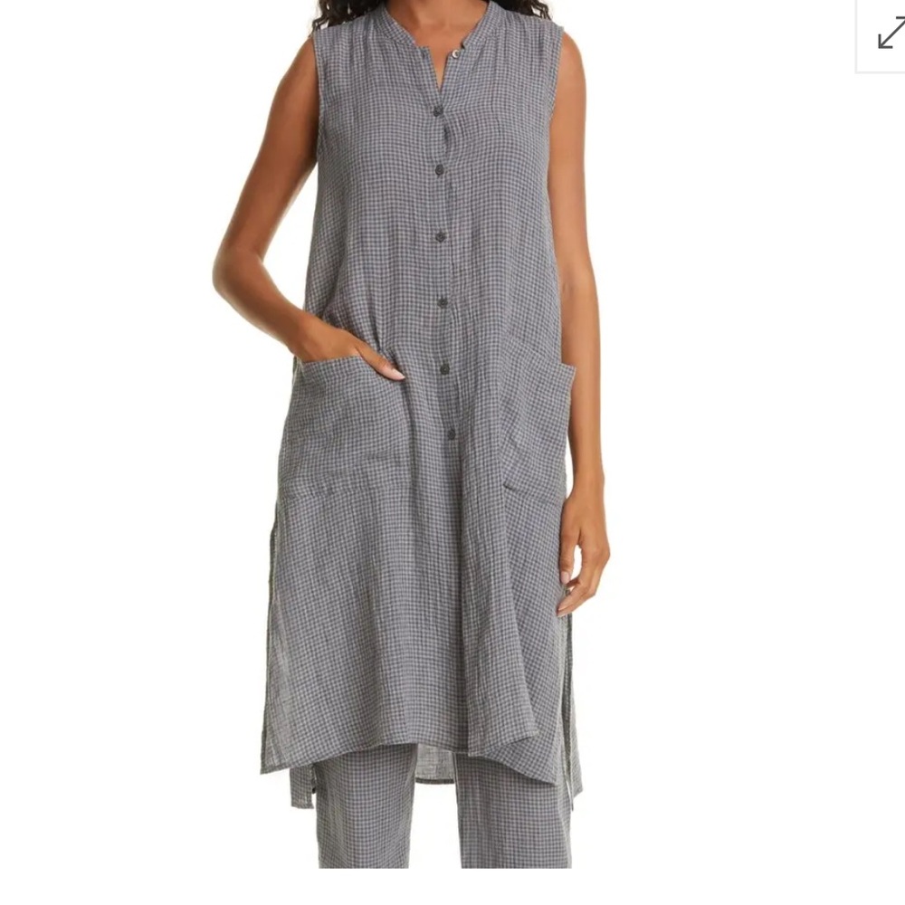 Eileen Fisher Pucker Check Organic Linen Tunic - Gray Womens Medium EUC